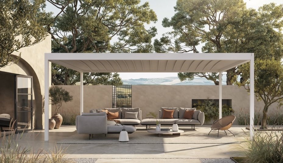 Pergola Alba Butterfly di Corradi con copertura a telo impacchettabile 